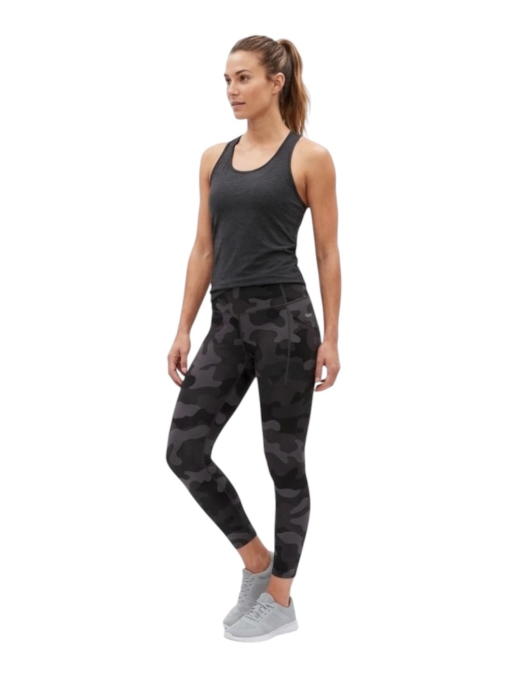 GapFit Recycled Power Leggings Sz M Black Camo Pockets Athleisure Jogging Gym
